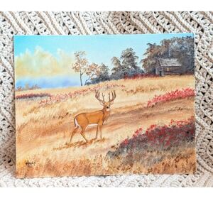 Hagen Signed Original Deer Painting Wildlife Cabin Landscape Canvas Board 11x14